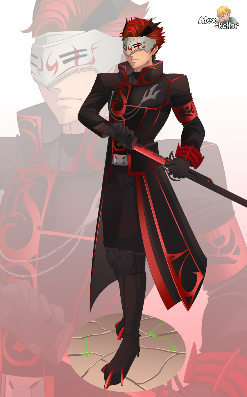 1boy absurdres adam_taurus alex_kellar belt black_pants capelet chokutou gloves highres holding holding_sword holding_weapon horns jacket katana long_sleeves mask pants red_hair rwby sheath shirt sword weapon wilt_and_blush