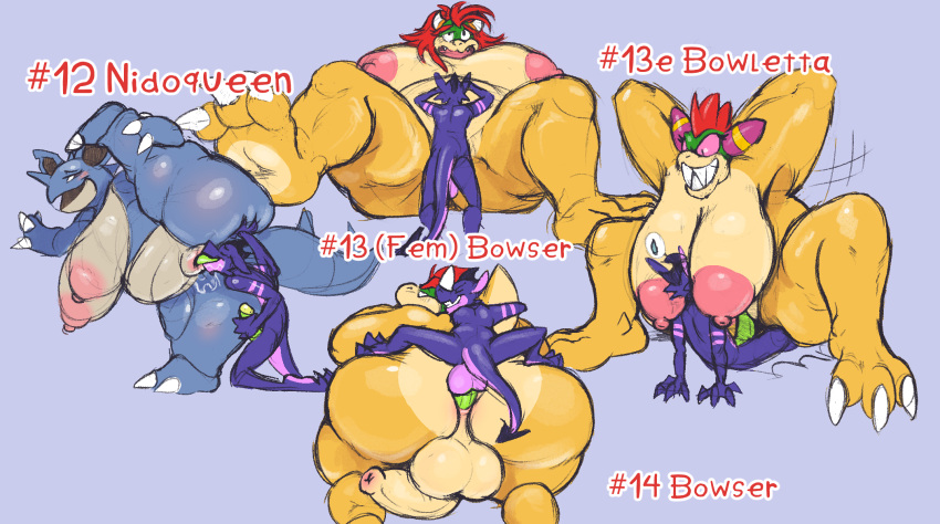 alfa_quinto_(artist) alfa_quinto_(character) anal balls bowletta bowser breasts crossgender crossover cunnilingus doggystyle dragon female from_behind_position from_front_position genitals hair hi_res koopa lying male mario_and_luigi_(series) mario_bros missionary_position nidoqueen nintendo on_back oral penis pok&eacute;mon pok&eacute;mon_(species) red_hair scalie sex vaginal video_games