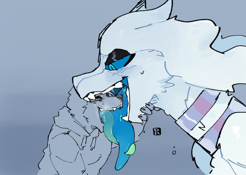 anthro black_bars blue_eyes blue_sclera blush bodily_fluids breasts canid canine canis domestic_dog drooling duo female fur goonie-san hi_res hybrid legendary_pok&eacute;mon long_tongue male male/female mammal nintendo nude open_mouth pok&eacute;mon pok&eacute;mon_(species) reshiram saliva saliva_on_tongue simple_background teeth tongue tongue_out tongue_wrap video_games white_body white_fur