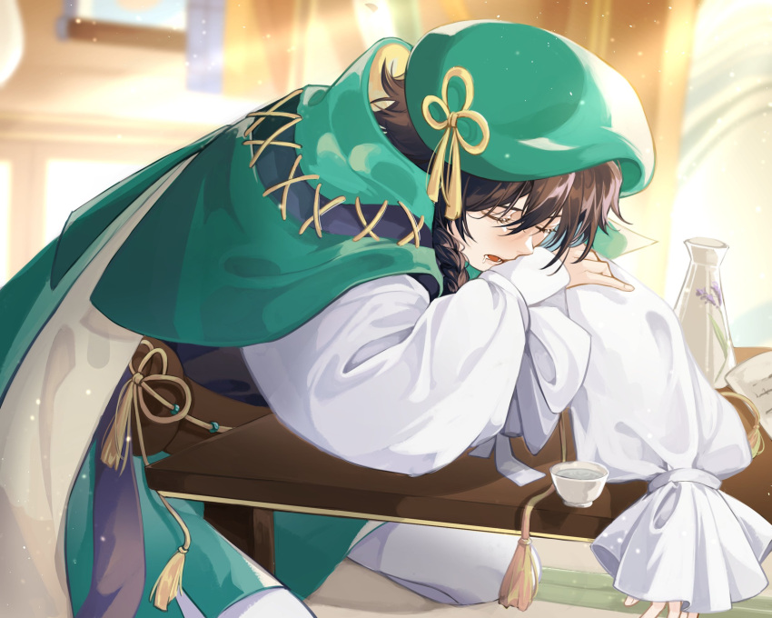 1boy alcohol bangs beret blurry blurry_background blush braid cape choko_(cup) closed_eyes collared_cape commentary crescent_(cgcrescent) cross-laced_clothes cup drooling drunk eyelashes frilled_sleeves frills genshin_impact green_cape green_headwear green_shorts hair_between_eyes hat highres indoors light_particles light_rays long_sleeves male_focus medium_hair open_mouth pantyhose puffy_long_sleeves puffy_sleeves sake shirt short_shorts shorts side_braid sidelocks sitting sleeping solo suikou_(genshin_impact) sunlight table tassel tokkuri venti_(genshin_impact) white_pantyhose white_shirt window