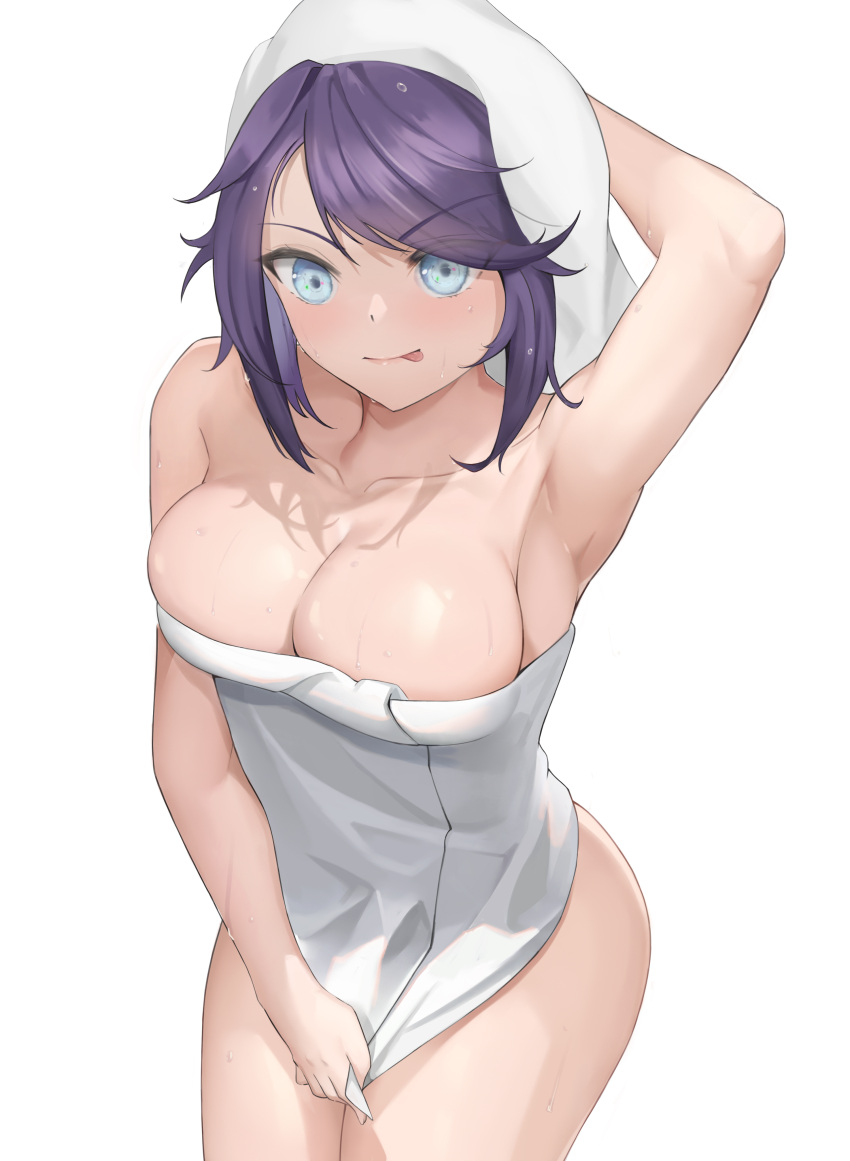 1girl absurdres arm_behind_head armpits bangs bare_shoulders blue_eyes breasts cleavage collarbone dark_blue_hair from_above highres kson large_breasts long_hair looking_at_viewer maboroshi_yuki_shiro naked_towel simple_background smile solo swept_bangs towel towel_on_head virtual_youtuber vshojo white_background