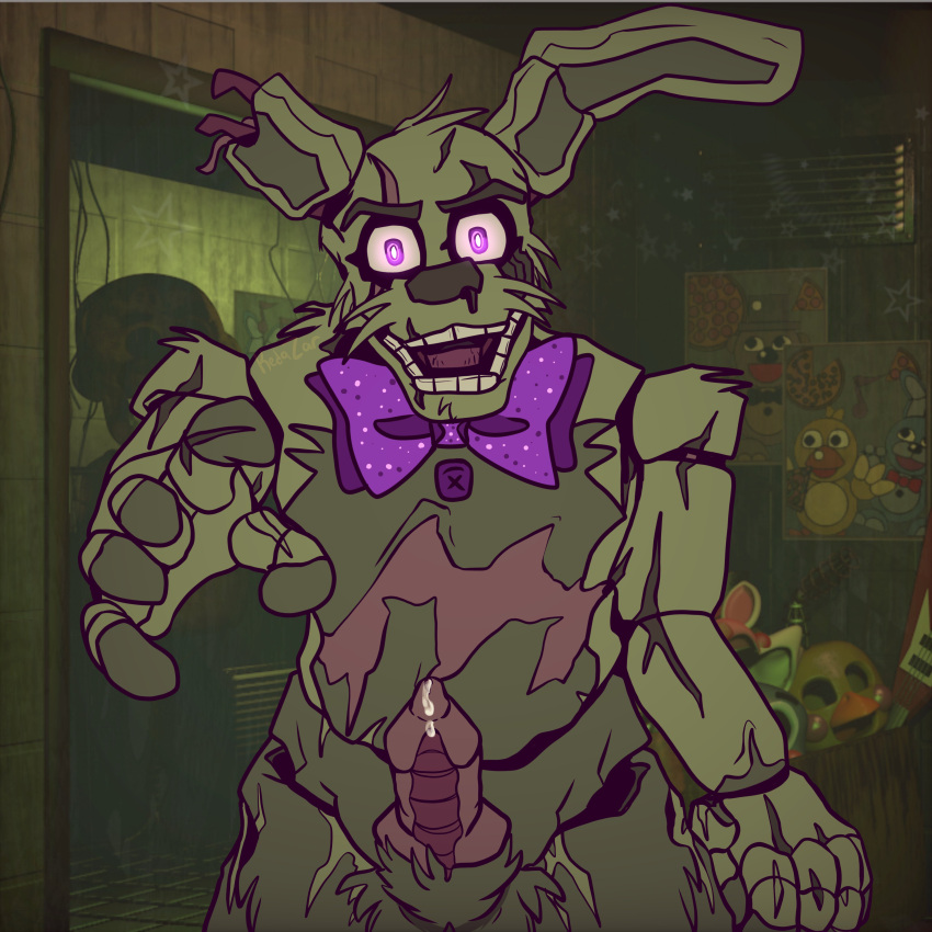 2022 5_fingers absurd_res animal_genitalia animal_penis animatronic anthro balls bodily_fluids bow_tie bow_tie_only canine_penis digital_media_(artwork) erection eye_scar eyebrows facial_scar fingers five_nights_at_freddy's five_nights_at_freddy's_3 fur genital_fluids genitals green_body green_fur hi_res inside kedazar knot lagomorph leporid looking_at_viewer machine male mammal mostly_nude open_mouth penis precum purple_eyes rabbit reaching_towards_viewer robot scar scottgames sheath solo springtrap_(fnaf) teeth video_games