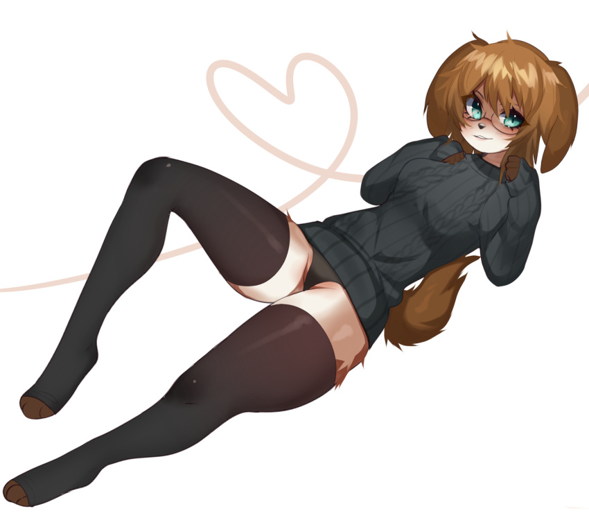 &lt;3 anthro brown_body brown_fur brown_hair canid canine canis clothing dog_ears domestic_dog eyelashes eyewear feet female footwear fredek666 full-length_portrait fur glasses green_eyes hair hi_res legwear lying mammal paws portrait short_hair socks solo sweater tail thigh_highs toeless_footwear toeless_socks toes topwear white_body white_fur