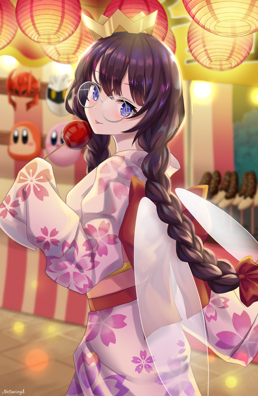 1girl black_hair blue_eyes braid candy_apple chocolate_banana crown fairy_wings floral_print food glasses highres japanese_clothes kimono kirby kirby_(series) kirby_64 lantern long_hair mask meta_knight morpho_knight natsuring0 paper_lantern personification pink_kimono red_sash ripple_star_queen sash smile summer_festival tongue tongue_out twin_braids waddle_dee wings yukata