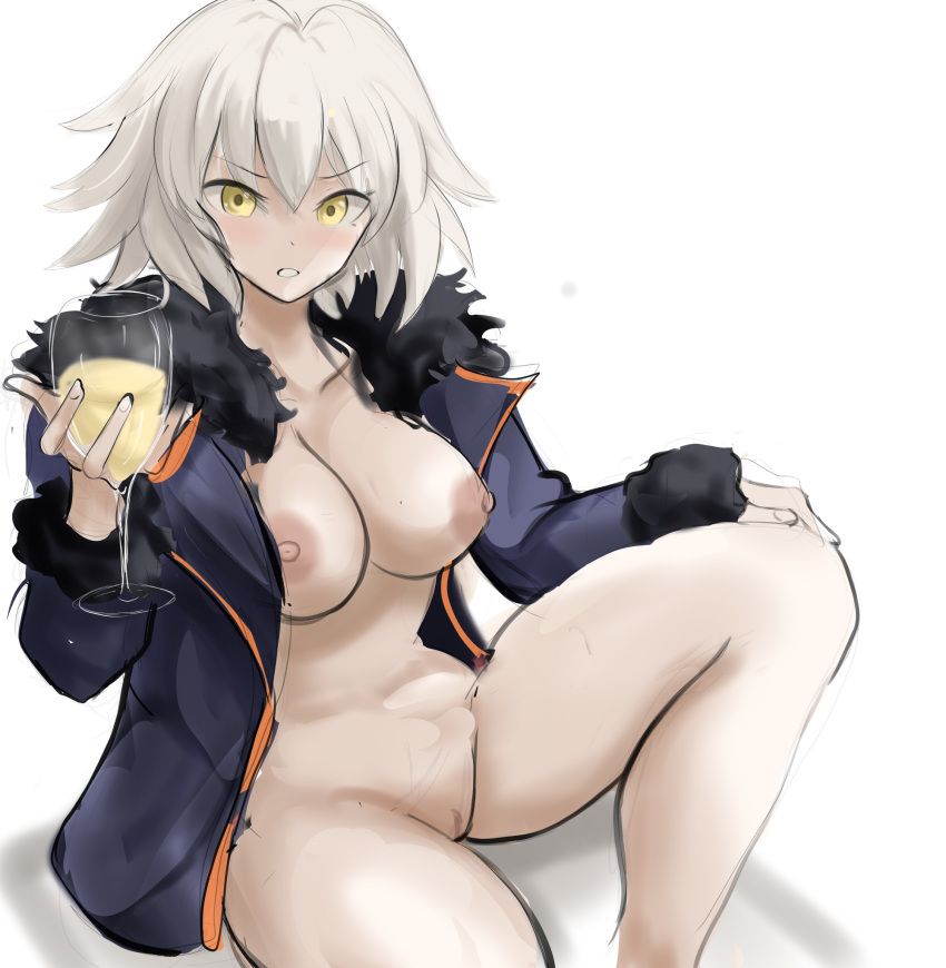 ahoge breasts coat cup fate/apocrypha fate/grand_order fate_(series) feet_out_of_frame fur-trimmed_coat fur-trimmed_sleeves fur_trim highres holding holding_cup jeanne_d'arc_alter_(fate) jeanne_d'arc_alter_(ver._shinjuku_1999)_(fate) large_breasts naked_coat nipples official_alternate_costume open_clothes open_coat pussy rakeemspoon short_hair sketch uncensored yellow_eyes