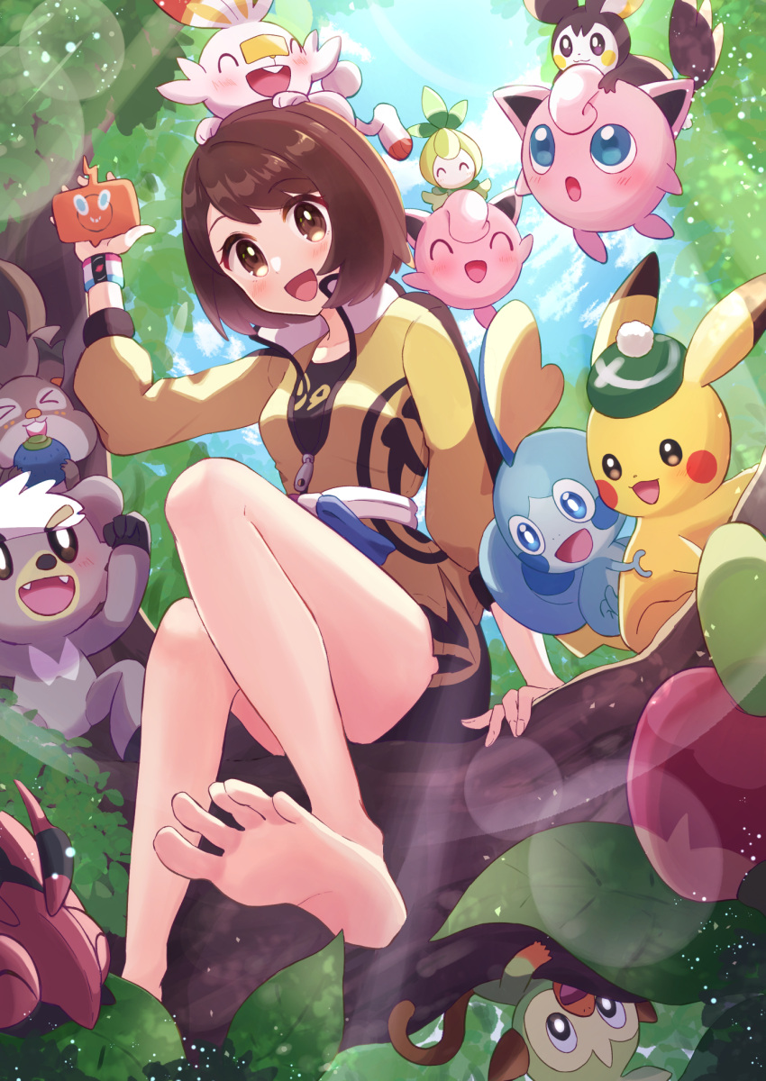 1girl :d applin arm_support bangs barefoot blush brown_eyes brown_hair cloud commentary_request day dynamax_band emolga gloria_(pokemon) grookey hand_up happy haru_(haruxxe) hatted_pokemon highres holding holding_phone jacket jigglypuff kubfu lens_flare looking_at_viewer master_dojo_uniform open_mouth outdoors petilil phone pikachu pokemon pokemon_(creature) pokemon_(game) pokemon_swsh rotom rotom_phone sash scorbunny shirt short_hair shorts sitting skwovet sky smile sobble soles toes tongue venipede yellow_jacket zipper_pull_tab