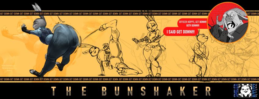 2022 absurd_res angry armor belt bovid bovine breakdancing brothersmiler cape_buffalo chief_bogo clothing dancing disney female hi_res hidden_face judy_hopps knee_pads lagomorph leporid male mammal meme motion_lines nick_wilde police_uniform rabbit red_background screaming signature simple_background sketch smearing smile text thick_thighs twerking uniform walkie_talkie yellow_background zootopia