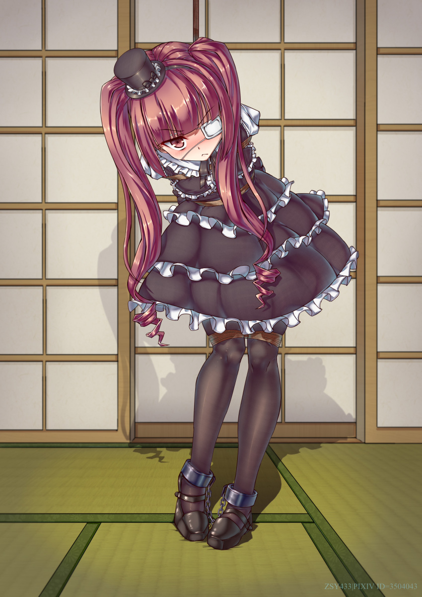 1girl :&lt; absurdres arms_behind_back bdsm bent_over black_dress black_footwear black_pantyhose blush bondage bound bound_ankles bound_legs chain chinese_commentary commentary_request cuffs dress eyepatch frilled_dress frills frown hairband hanazono_yurine hat highres indoors jashin-chan_dropkick long_hair looking_at_viewer medical_eyepatch mini_hat mini_top_hat pantyhose pixiv_id pixiv_username red_eyes red_hair restrained rope shackles shadow sliding_doors solo standing tatami top_hat twintails very_long_hair zsy_(zsy433)