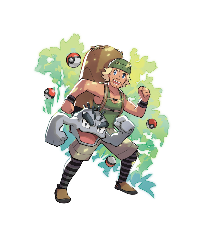 1boy absurdres alolan_geodude arm_up backpack bag beanie blue_eyes brown_footwear clenched_hands geodude hat highres hiker_(pokemon) leaf looking_at_viewer male_focus official_art open_mouth poke_ball poke_ball_(basic) pokemon pokemon_(creature) pokemon_(game) pokemon_sm smile wristband