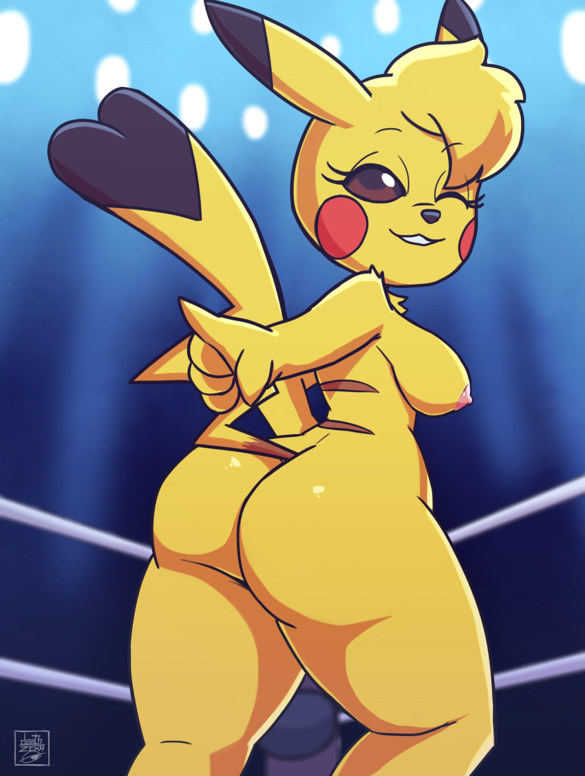 2022 anthro anthrofied areola breasts butt cleft_tail deathzera female fighting_ring fingers fur hair hi_res looking_at_viewer looking_back nintendo nipples nude one_eye_closed pikachu pok&eacute;mon pok&eacute;mon_(species) signature smile solo video_games wink yellow_body yellow_fur yellow_skin