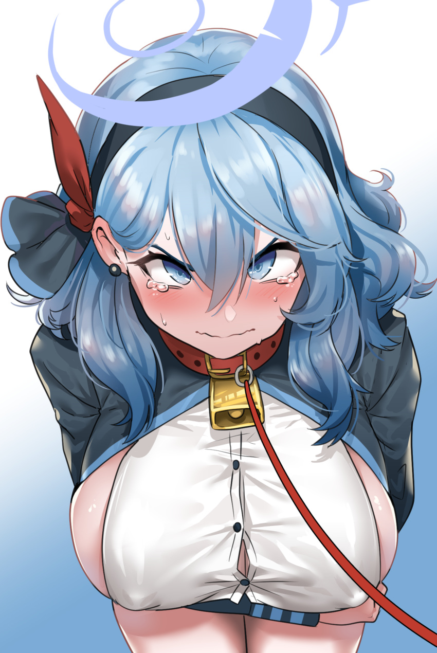 1girl ako_(blue_archive) annoyed bangs bell blue_archive blue_eyes blue_hair blush breasts button_gap closed_mouth collar covered_nipples ear_piercing framed_breasts from_above full-face_blush furrowed_brow hair_ribbon hairband halo highres huge_breasts leash long_sleeves looking_at_viewer neck_bell no_bra piercing ribbon short_hair sideboob simple_background solo standing tears tscplayer upturned_eyes wavy_mouth