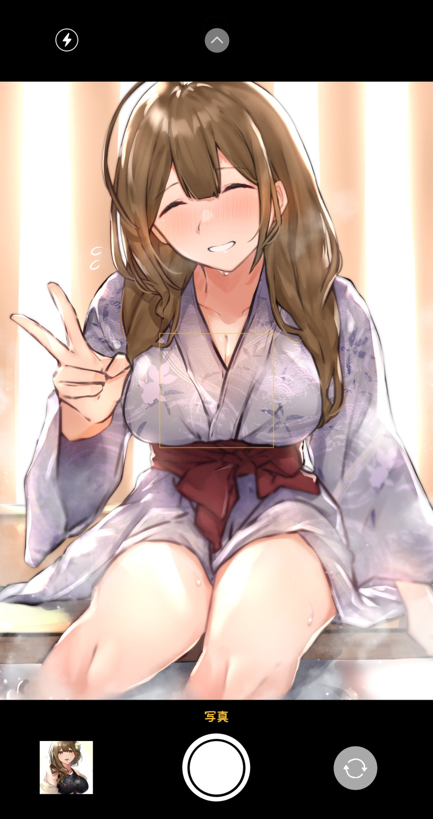 1girl absurdres ahoge blush breasts brown_hair cleavage closed_eyes commentary_request facing_viewer foot_bath hair_over_shoulder highres idolmaster idolmaster_shiny_colors japanese_clothes kimono kuwayama_chiyuki large_breasts sash smile solo sweat takani0721 thighs user_interface v viewfinder yukata