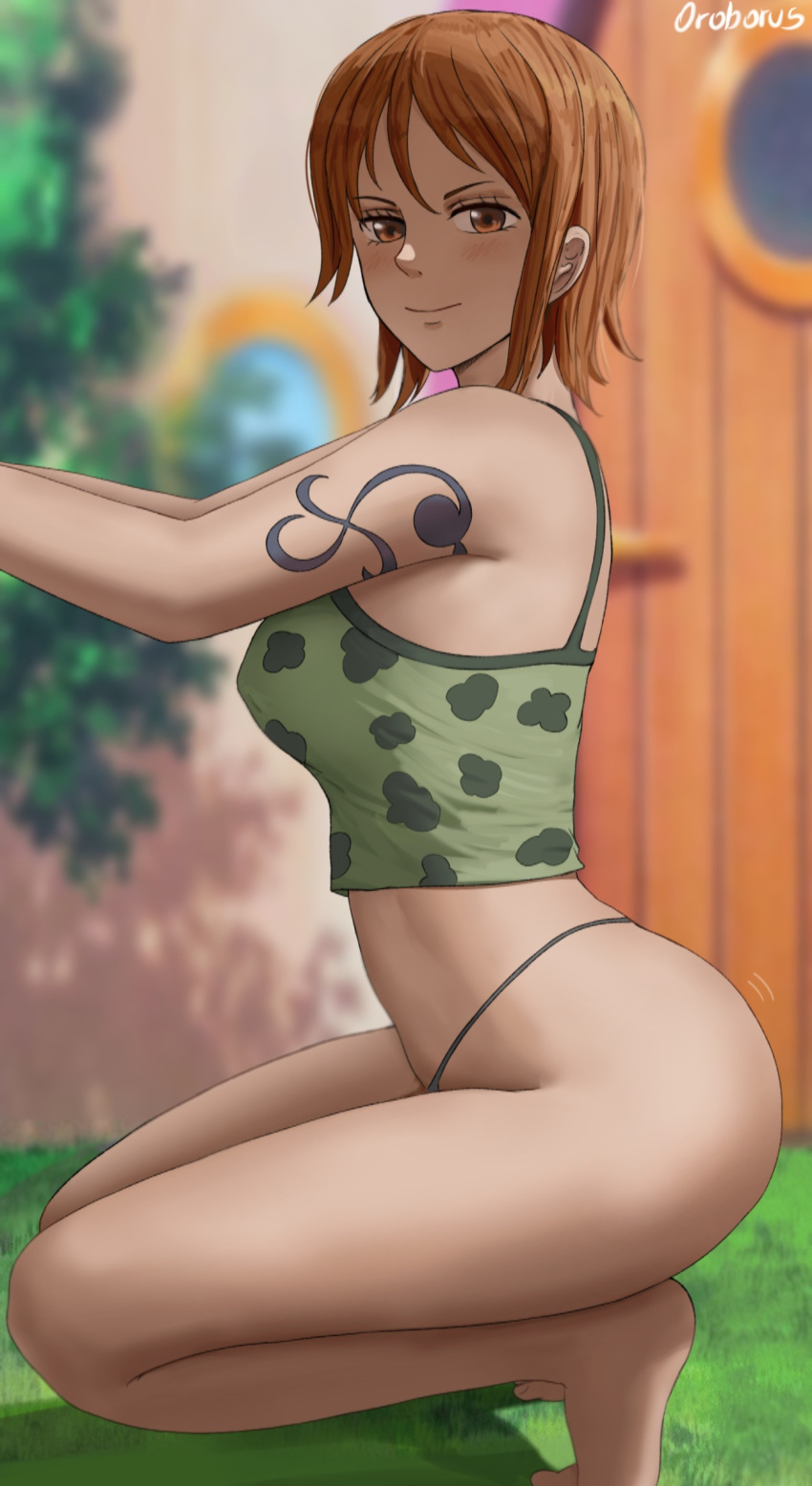 1girl ass blush breasts brown_eyes curvy door english_commentary g-string grass green_shirt highres large_breasts looking_at_viewer nami_(one_piece) naughty_face one_piece orange_eyes orange_hair oroborus pirate shirt short_hair shoulder_tattoo smile solo squatting tattoo thick_thighs thighs thong