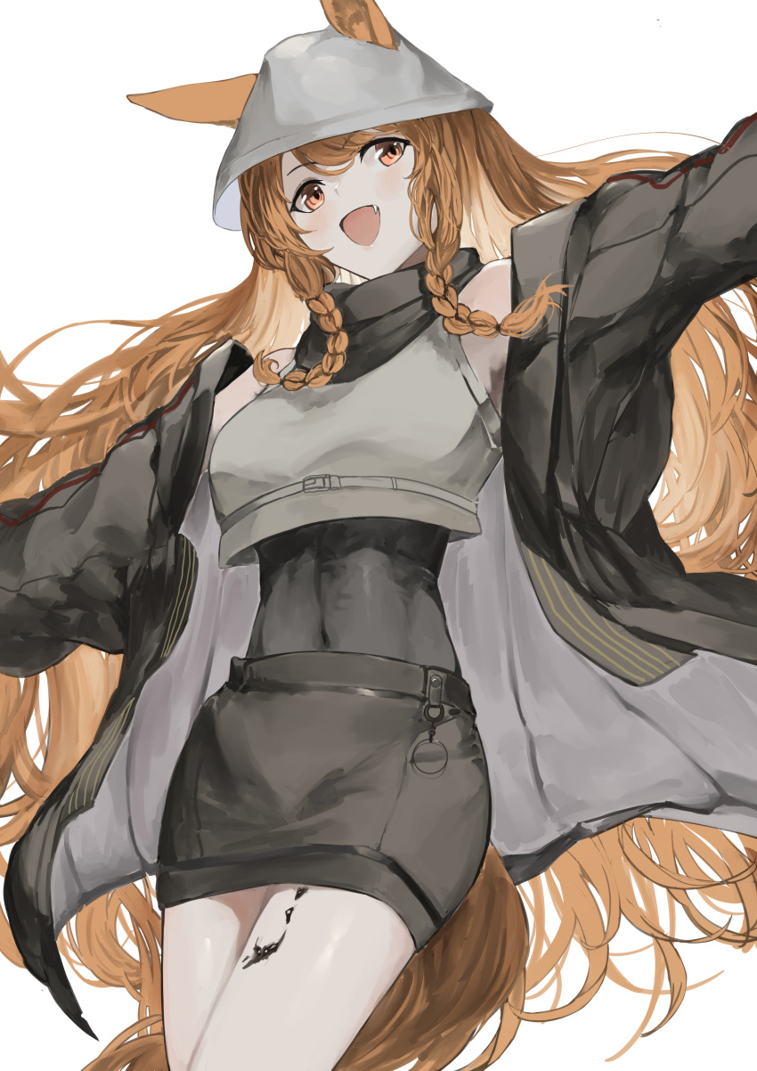 1girl :d absurdres arknights bare_shoulders black_jacket black_skirt blush braid brown_hair ceobe_(arknights) commentary_request covered_navel ears_through_headwear fang grey_headwear grey_shirt hat highres jacket kajuu open_clothes open_jacket orange_eyes oripathy_lesion_(arknights) outstretched_arms shirt simple_background skirt sleeveless sleeveless_shirt smile solo spread_arms twin_braids white_background