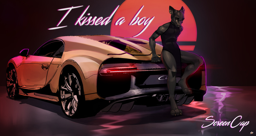 anthro bugatti car clothed clothing crossdressing digital_media_(artwork) domestic_cat dress ear_piercing english_text felid feline felis girly hi_res leaning leaning_forward leaning_on_edge leaning_on_object looking_at_viewer male mammal piercing screencap_(artist) shaded simple_background slim smile solo solo_focus standing synthwave text translucent translucent_clothing vehicle