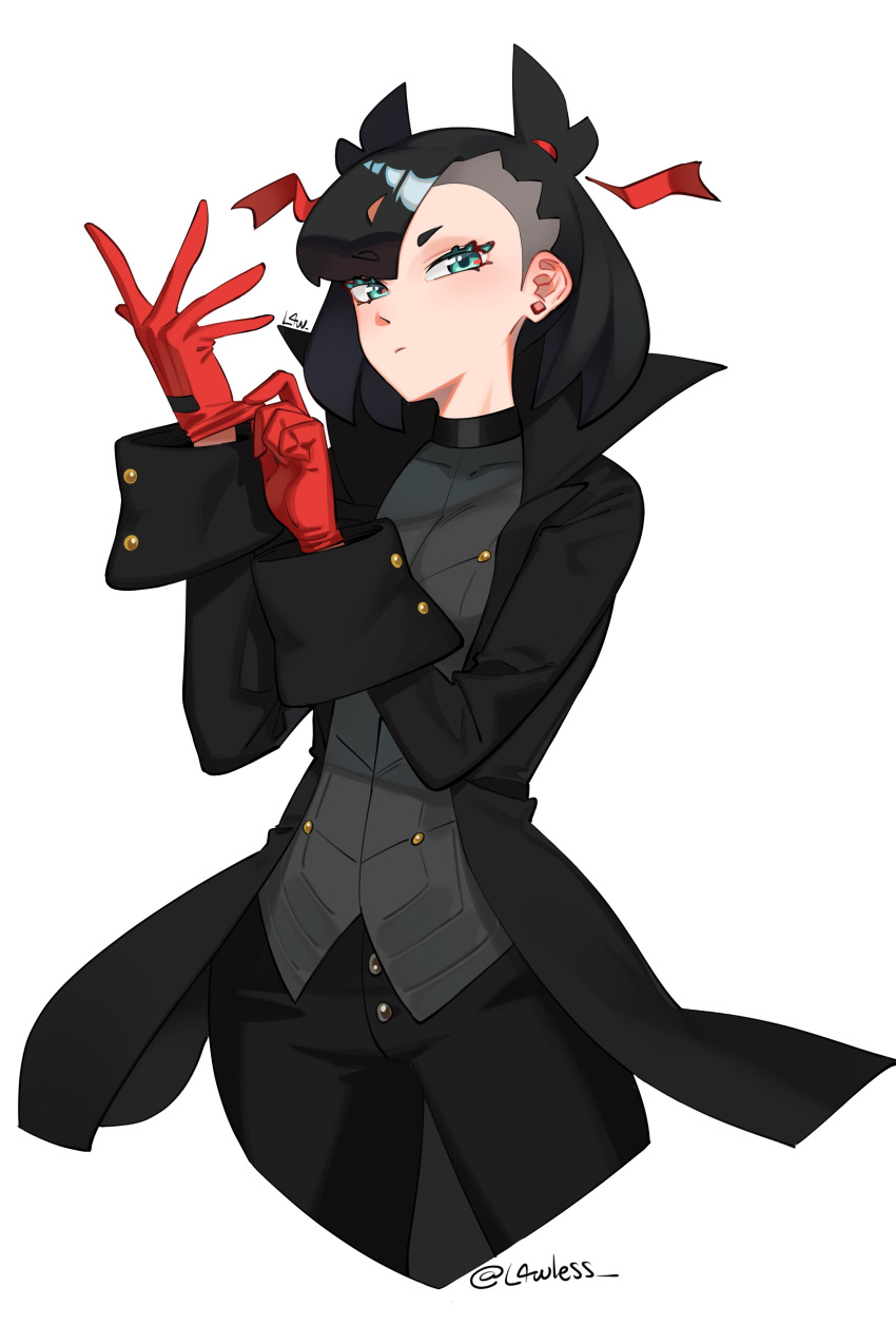 1girl absurdres adjusting_clothes adjusting_gloves amamiya_ren amamiya_ren_(cosplay) aqua_eyes black_hair black_jacket black_pants cosplay cropped_legs earrings gloves hair_ribbon highres jacket jewelry l4wless looking_at_viewer marnie_(pokemon) pants persona persona_5 pokemon pokemon_(game) pokemon_swsh ribbon twintails