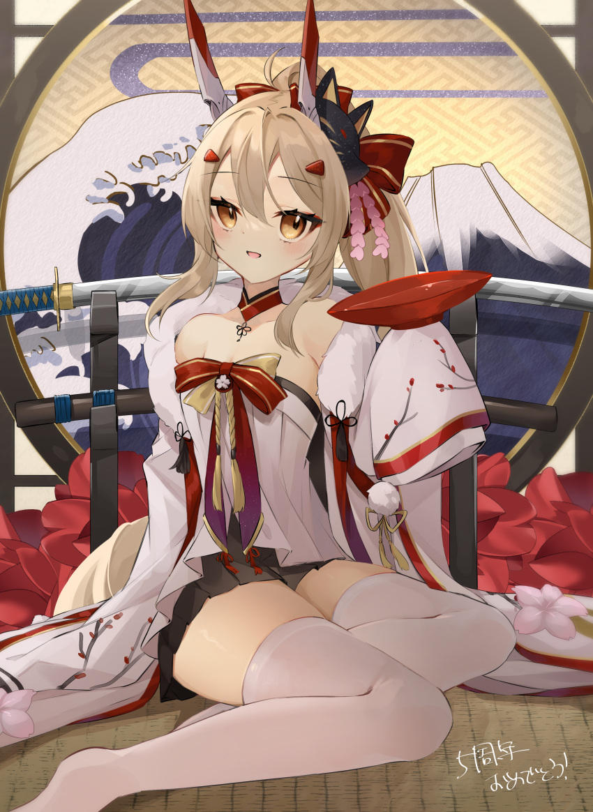 1girl absurdres ayanami_(azur_lane) ayanami_(pulse_of_the_new_year)_(azur_lane) azur_lane black_hakama blonde_hair ebichiri_sunday fox_mask full_body hair_ornament hakama hakama_skirt headgear highres japanese_clothes kadomatsu kanzashi katana long_hair looking_at_viewer mask mask_on_head miniskirt multiple_weapons official_alternate_costume open_mouth scabbard sheath skirt solo sword thighhighs unsheathed very_long_sleeves weapon weapon_rack white_thighhighs yellow_eyes zettai_ryouiki