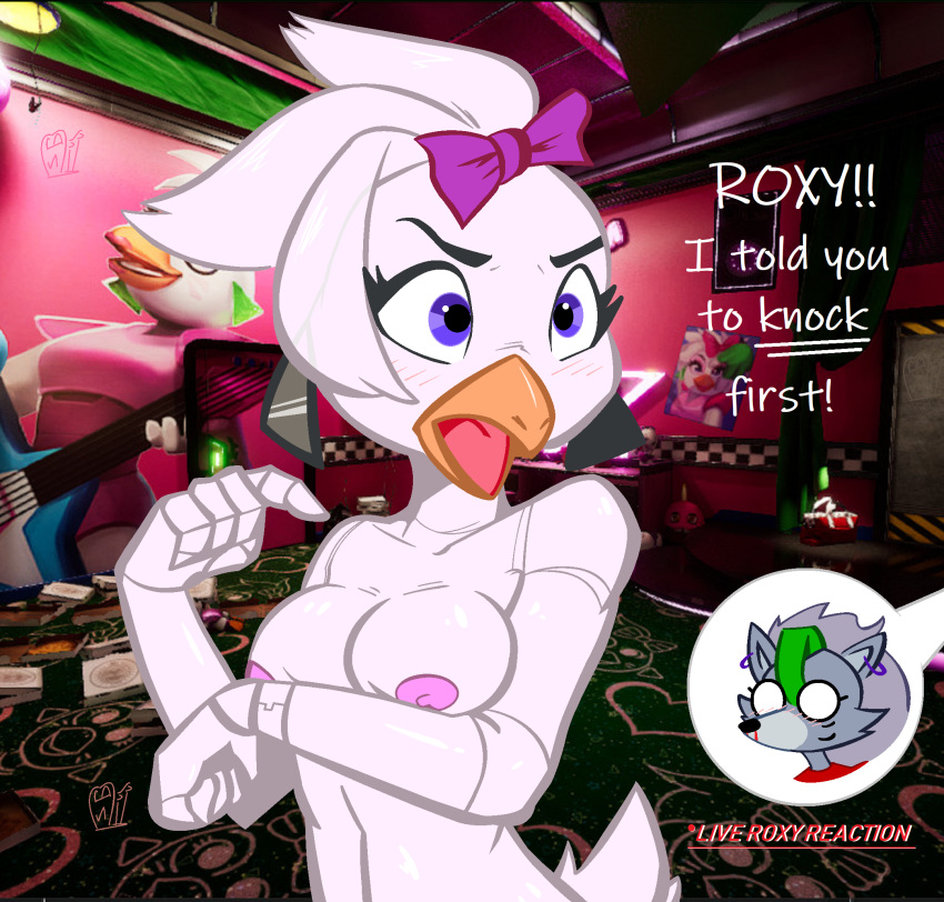 animatronic anthro avian bird breasts cute_expression duo female female/female five_nights_at_freddy's five_nights_at_freddy's:_security_breach glamrock_chica_(fnaf) hi_res machine nude robot roxanne_wolf_(fnaf) scottgames shocked snailbail22 video_games