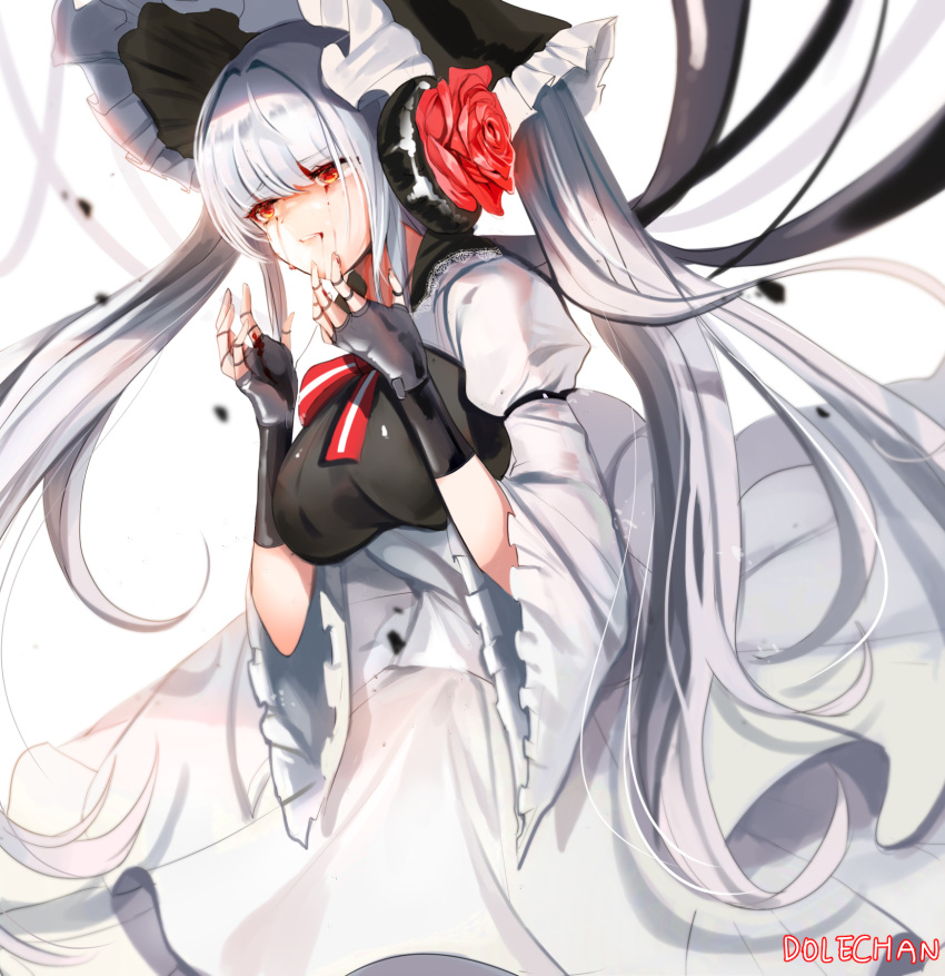 1girl breasts crying cyborg dolechan dungeon_and_fighter fingerless_gloves gloves hands_up headdress highres large_breasts long_hair long_sleeves ribbon silver_luster_tagore solo tears twintails upper_body white_background white_hair yellow_eyes