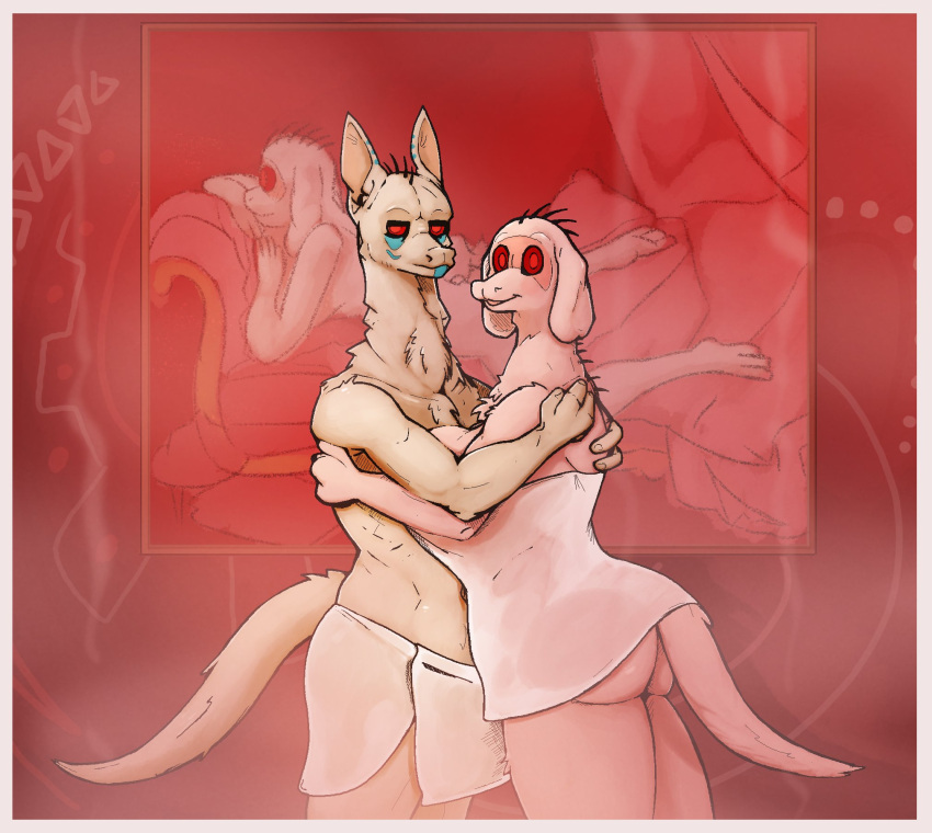 anthro biped breasts chupian duo embrace female hi_res hug male mostly_nude red_eyes sarcoph standing towel