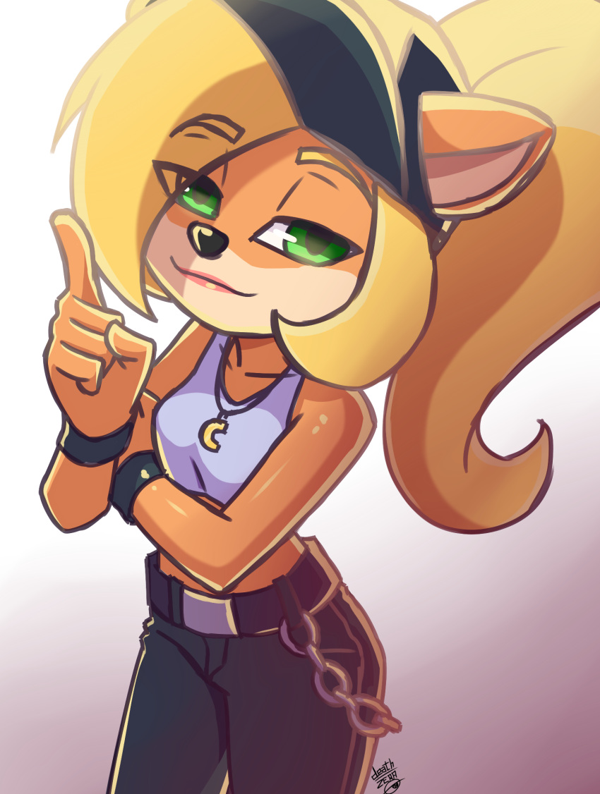 2021 5_fingers activision anthro blonde_hair bottomwear breasts clothing coco_bandicoot crash_bandicoot_(series) deathzera female fingers green_eyes hair hi_res lipstick long_hair makeup mammal marsupial pants shirt signature simple_background solo topwear video_games