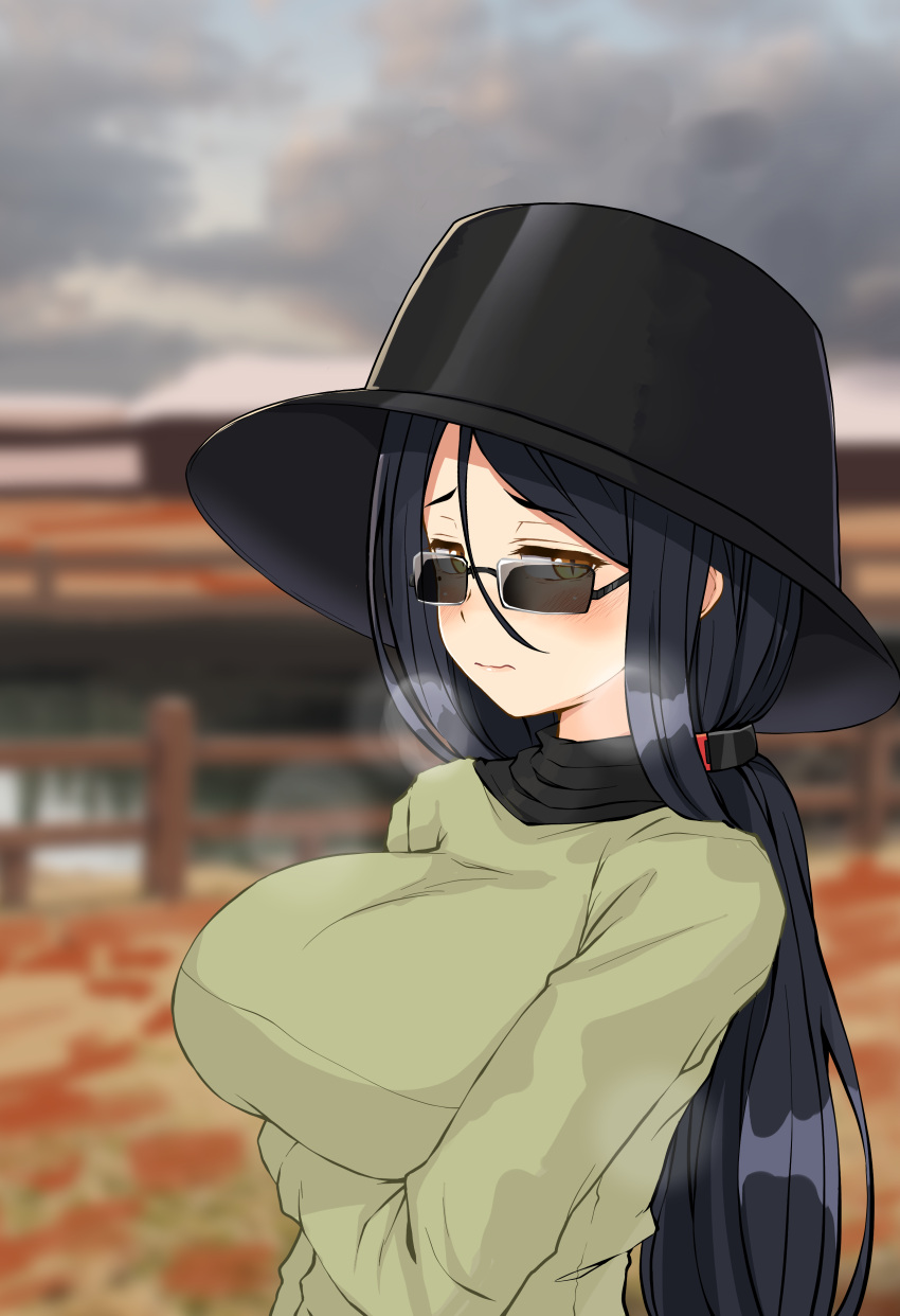 1girl absurdres arms_under_breasts bangs black_hair black_headwear blurry blurry_background blush breasts breath bucket_hat closed_mouth cloud commentary_request fence fushimimukai_sanae green_shirt hair_between_eyes hat highres kitsunerider large_breasts long_hair long_sleeves looking_at_viewer mature_female original outdoors rectangular_eyewear shirt solo sunglasses swept_bangs upper_body yellow_eyes