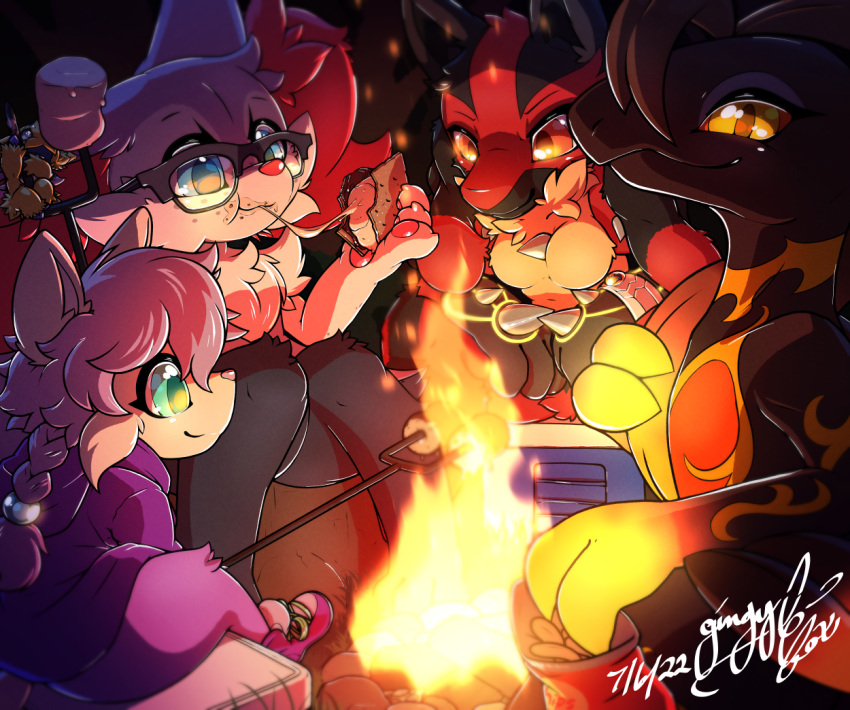 braixen breasts burning campfire camping candy chips_(disambiguation) clothing dessert eating eyewear fire food forest freckles fusion gingy_(gingy_k_fox) gingy_k_fox glasses grovyle hoodie joltik looking_at_viewer lucario marshmallow mega_evolution mega_lucario mega_stone mienfoo nintendo outside plant pok&eacute;mon pok&eacute;mon_(species) pok&eacute;mon_fusion s'more salazzle shiny_pok&eacute;mon size_difference topwear tree video_games