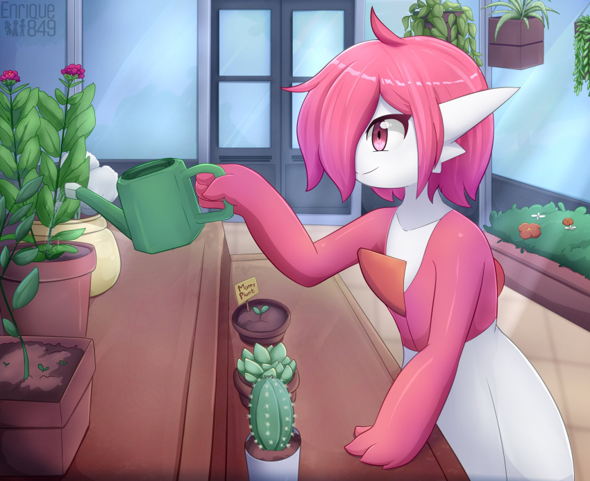 2022 4_fingers ahoge cactus detailed_background enrique849 female fingers gardening gardevoir greenhouse hair hair_over_eye hi_res humanoid nintendo not_furry one_eye_obstructed pink_eyes pink_hair plant plant_pot pok&eacute;mon pok&eacute;mon_(species) potted_plant short_hair signature smile solo succulent video_games vivarium watering_can watering_flower