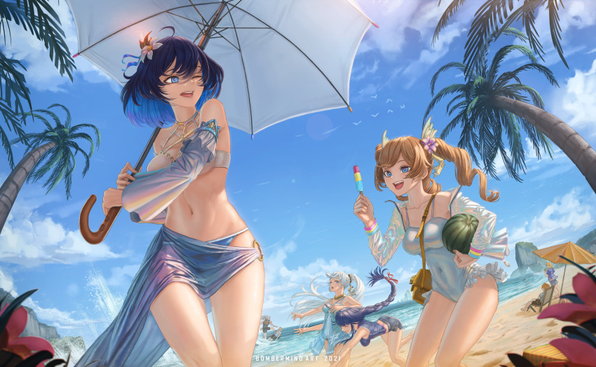 4boys 4girls :d absurdres ahoge ass back barbara_(genshin_impact) beach beach_chair beach_umbrella bikini blonde_hair blue_eyes blue_hair blue_shirt blue_sky blue_swimsuit bob_cut bomberminda braid braided_ponytail closed_eyes cloud cloudy_sky company_connection crossover denim denim_shorts drill_hair flower food frills fruit full_body genshin_impact grin hair_flower hair_ornament hairclip highres holding holding_food holding_umbrella honkai_(series) honkai_impact_3rd jacket kiana_kaslana long_hair mihoyo multiple_boys multiple_girls navel one-piece_swimsuit one_eye_closed open_mouth otto_apocalypse outdoors palm_tree ponytail popsicle purple_hair raiden_shogun sand sandals seele_vollerei shirt short_hair shorts sitting sky smile standing surfing swimsuit teeth tree twin_drills umbrella water watermelon white_bikini white_hair white_jacket white_swimsuit