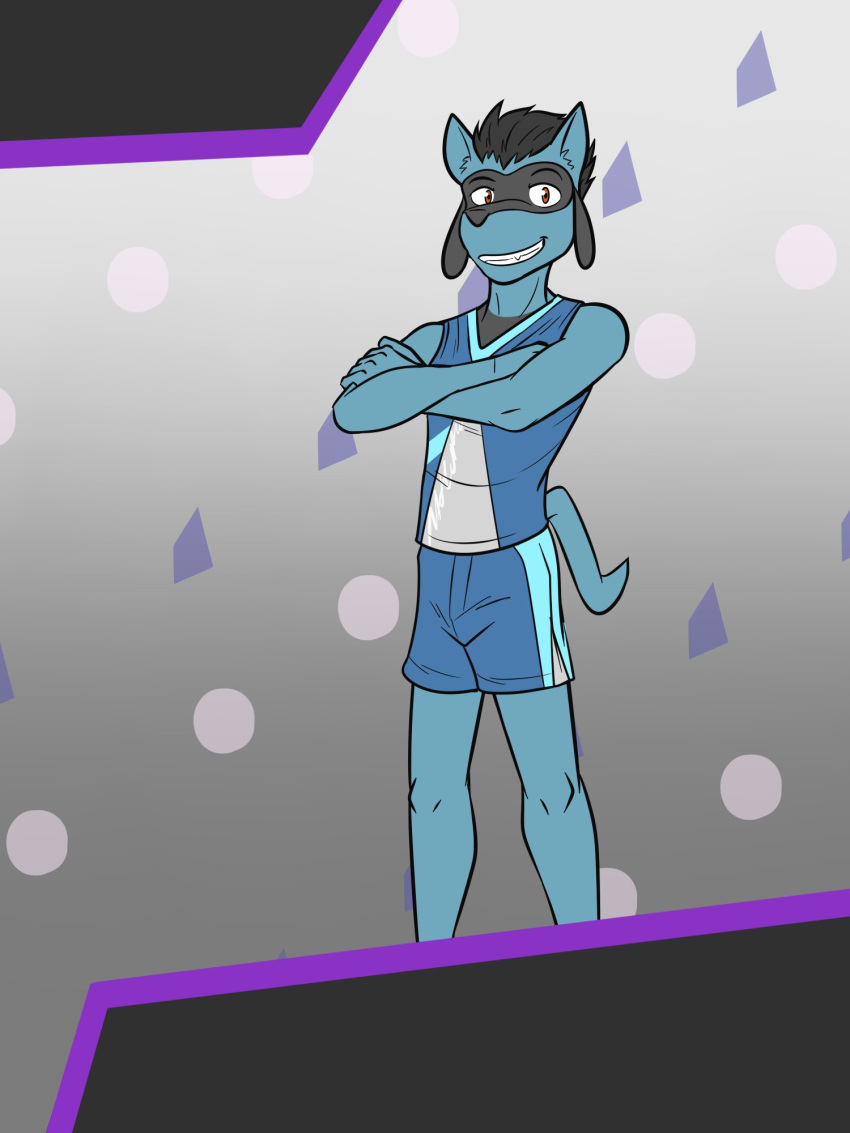 abstract_background anthro anthrofied bottomwear clothed clothing fully_clothed fuze hi_res male nintendo pok&eacute;mon pok&eacute;mon_(species) pok&eacute;morph riolu shirt shorts skyler_(fuze) solo tank_top topwear video_games