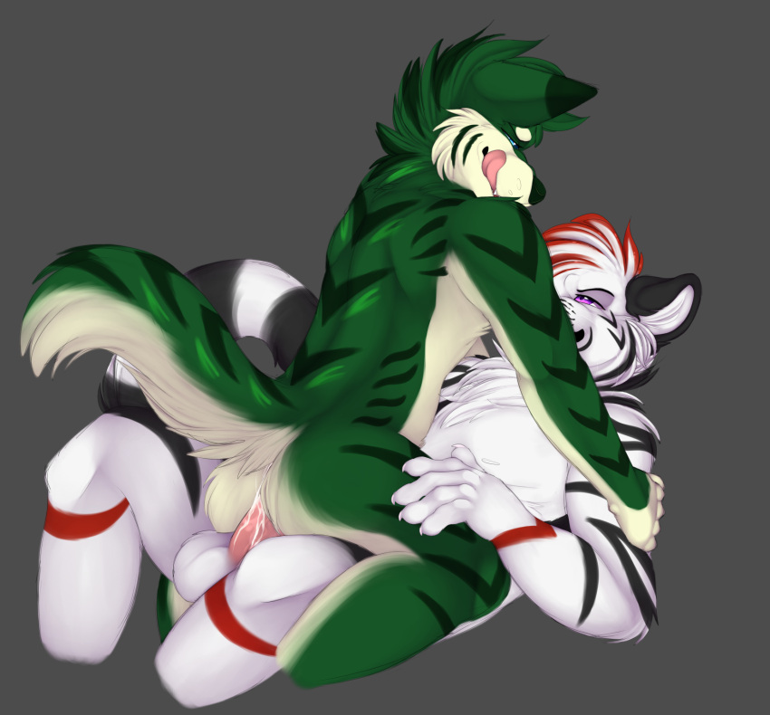 anthro anthro_on_anthro arm_support balls black_body black_fur black_hair blue_eyes bodily_fluids canid canine canis claws cum digital_media_(artwork) dominant dominant_anthro dominant_male duo felid fur genital_fluids genitals green_body green_fur green_hair hair hi_res humanoid_genitalia humanoid_penis jikerdor male male/male mammal markings nude pantherine penis pink_eyes pink_penis raised_tail red_body red_fur red_hair sennivole shaded simple_background sitting_on_penis submissive submissive_male tail_markings tan_body tan_fur tattletits tiger tongue tongue_out white_balls white_body white_fur wolf