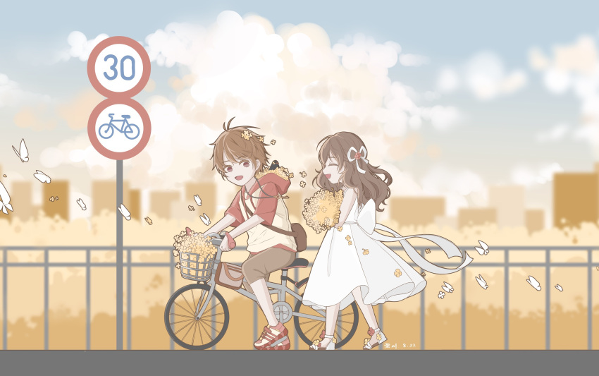 1boy 1girl :d bangs bare_shoulders bicycle blue_sky bow brown_eyes brown_hair brown_shorts closed_eyes cloud cloudy_sky dress flower full_body ground_vehicle hair_bow highres holding holding_flower hood hoodie long_hair luke_pearce_(tears_of_themis) open_mouth outdoors riding riding_bicycle road_sign rosa_(tears_of_themis) short_hair short_sleeves shorts sign sky sleeveless sleeveless_dress smile sundress tears_of_themis walking white_dress white_hoodie yellow_flower yingchuan981 younger