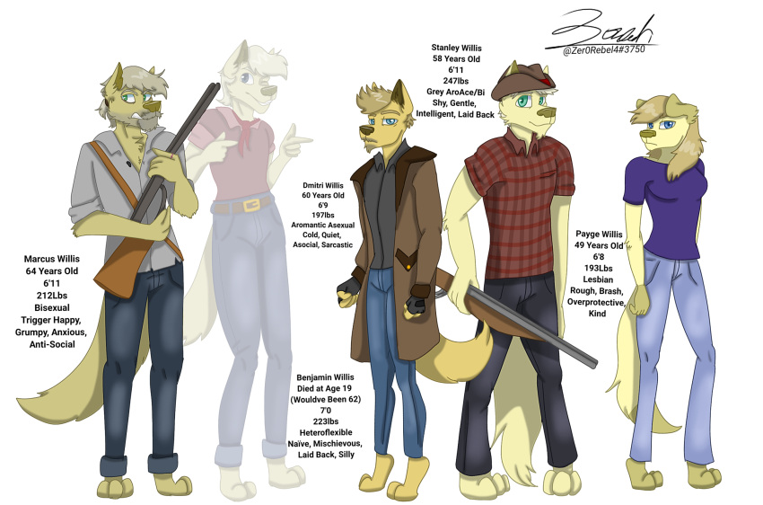 2022 absurd_res age_difference anthro beard benjamin_(zer0rebel4) bird_dog blonde_hair blue_eyes bottomwear brother brother_and_sister brothers canid canine canis character_lineup cheek_tuft chin_tuft clenched_teeth clothed clothing cowboy cowboy_hat death denim denim_clothing digital_drawing_(artwork) digital_media_(artwork) digitigrade dmitri_(zer0rebel4) domestic_dog english_text facial_hair facial_tuft family female finger_gun frown fur gesture gloves goatee golden_retriever great_dane green_eyes grey_hair group growling gun hair handwear hat headgear headwear hi_res high_waisted_bottomwear holding_object holding_weapon hunting_dog jacket jeans male mammal marcus_(zer0rebel4) markings mastiff mixed_breed molosser one_eye_closed pants paws payge_(zer0rebel4) ponytail ranged_weapon retriever shirt shotgun sibling sister size_difference smile stanley_(zer0rebel4) stated_sexuality t-shirt tall tan_body tan_fur tan_markings teeth text topwear tuft weapon wink yellow_body yellow_fur zer0rebel4