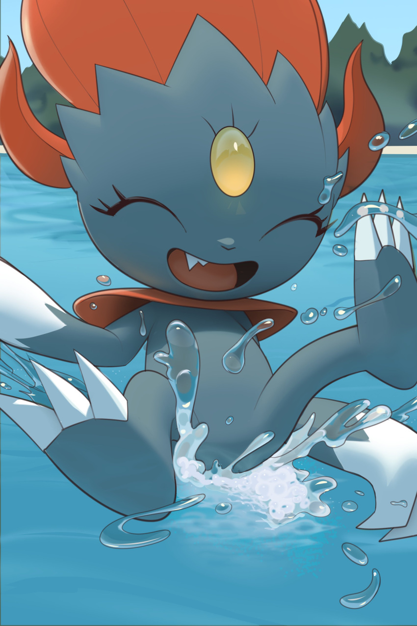 absurd_res ambiguous_gender cannon_ball claws eyes_closed feral happy hi_res inkune nintendo open_mouth outside plant pok&eacute;mon pok&eacute;mon_(species) smile solo splash splashing_water swimming tree video_games water water_drops weavile wet