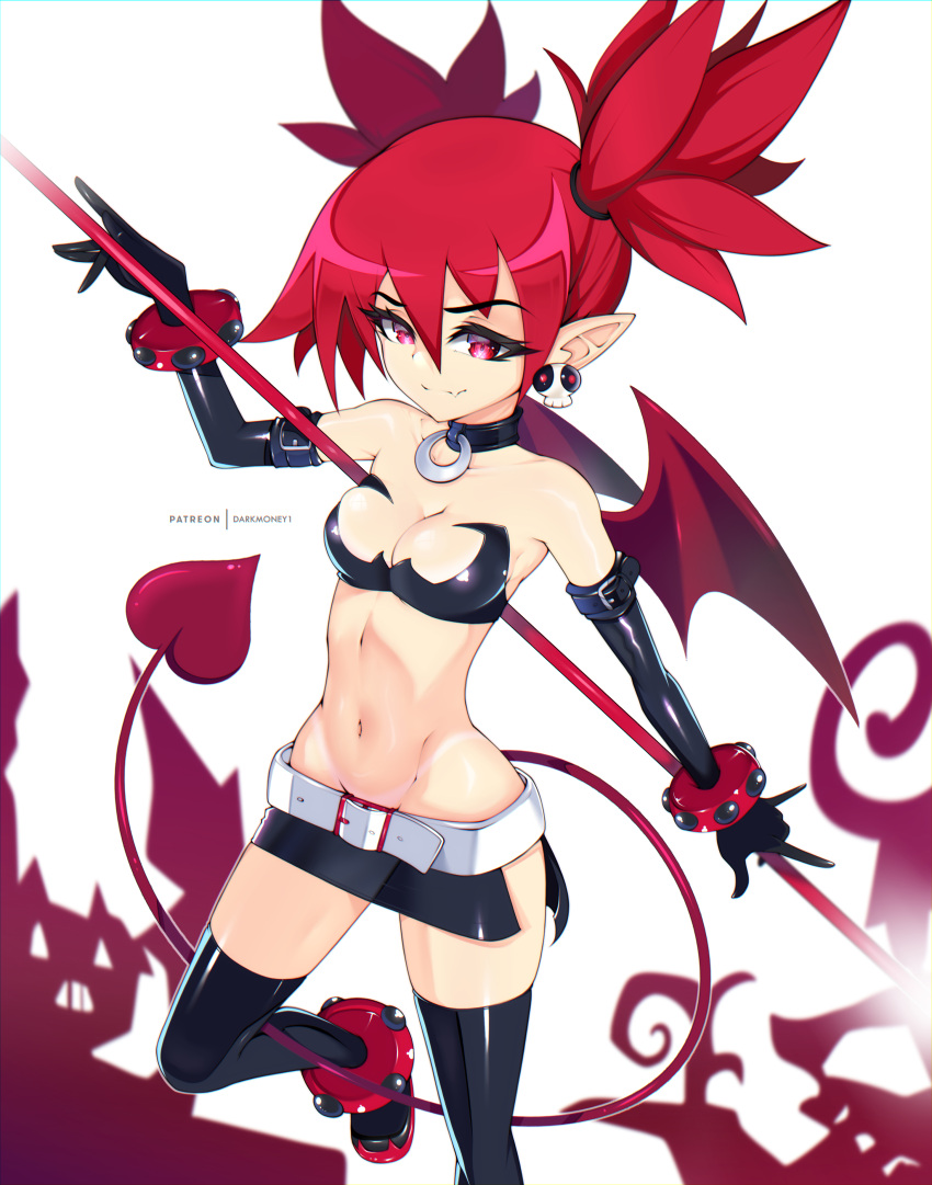 1girl absurdres black_bra black_footwear black_gloves black_thighhighs boots bra breasts darkmoney14 demon_girl demon_tail disgaea earrings elbow_gloves etna_(disgaea) gloves highres holding holding_polearm holding_weapon jewelry looking_at_viewer makai_senki_disgaea navel pelvic_curtain pointy_ears polearm red_eyes red_hair short_hair skirt skull_earrings small_breasts solo standing standing_on_one_leg studded_bracelet tail thigh_boots thighhighs thighhighs_under_boots twintails underwear weapon