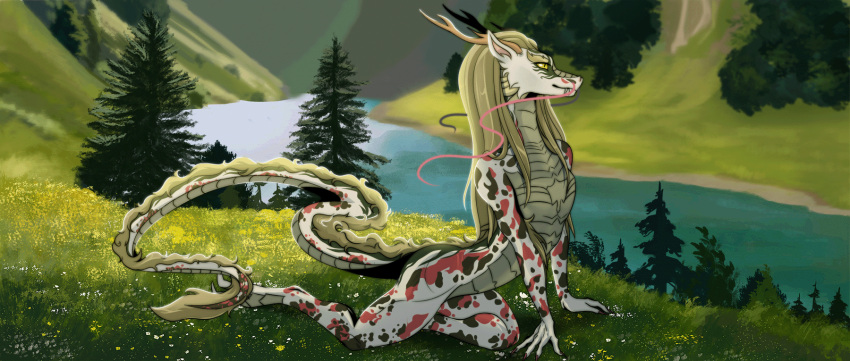animated anthro asian_mythology blonde_hair dragon east_asian_mythology eastern_dragon female forest forest_background grass hair hi_res hynvale iavyaling_xi_mauryl looking_at_another mythology nature nature_background pinup plant pose river solo tan_body tree vatruha water