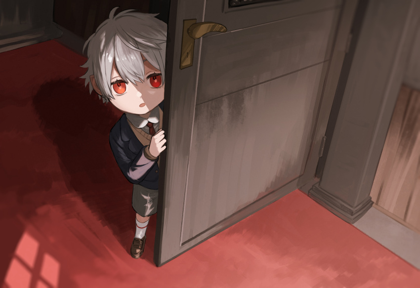 1boy a_mo_mame ahoge brown_footwear door grey_hair hair_between_eyes highres indoors kuzuha_(nijisanji) male_focus necktie nijisanji open_door open_mouth pointy_ears red_eyes red_necktie shadow socks solo white_socks window_shade younger