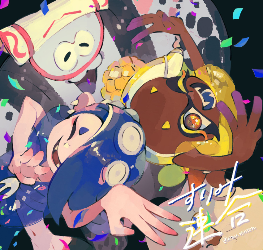 1boy 1girl 1other 5515140 ;d ^_^ big_man_(splatoon) blonde_hair blue_hair blue_tongue chest_sarashi closed_eyes colored_eyelashes colored_skin colored_tongue confetti crop_top cross-shaped_pupils dark-skinned_female dark_skin earrings ezuhan_(ezu_ninten) fangs food food_on_head forehead frye_(splatoon) groin hair_over_one_eye harem_pants highres jewelry long_hair manta_ray multicolored_skin multiple_earrings multiple_girls navel object_on_head octarian one_eye_closed pants poncho purple_skin red_skin sarashi see-through shiver_(splatoon) smile splatoon_(series) splatoon_3 suction_cups teeth tempura tentacle_hair twitter_username two-tone_skin white_pants yellow_crop_top yellow_eyes