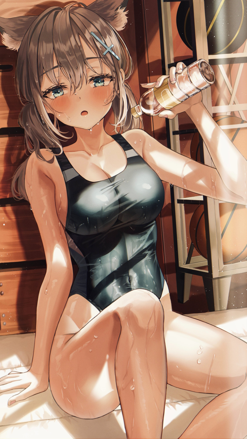1girl absurdres animal_ear_fluff animal_ears bangs basketball bed black_swimsuit blue_archive blue_eyes bottle breasts competition_swimsuit covered_navel cross_hair_ornament extra_ears feet_out_of_frame grey_hair hair_ornament halo highleg highleg_swimsuit highres jjuha6 looking_at_viewer low_ponytail medium_breasts medium_hair mismatched_pupils multicolored_clothes multicolored_swimsuit one-piece_swimsuit shiroko_(blue_archive) shiroko_(swimsuit)_(blue_archive) sitting solo swimsuit wet wet_clothes wet_swimsuit
