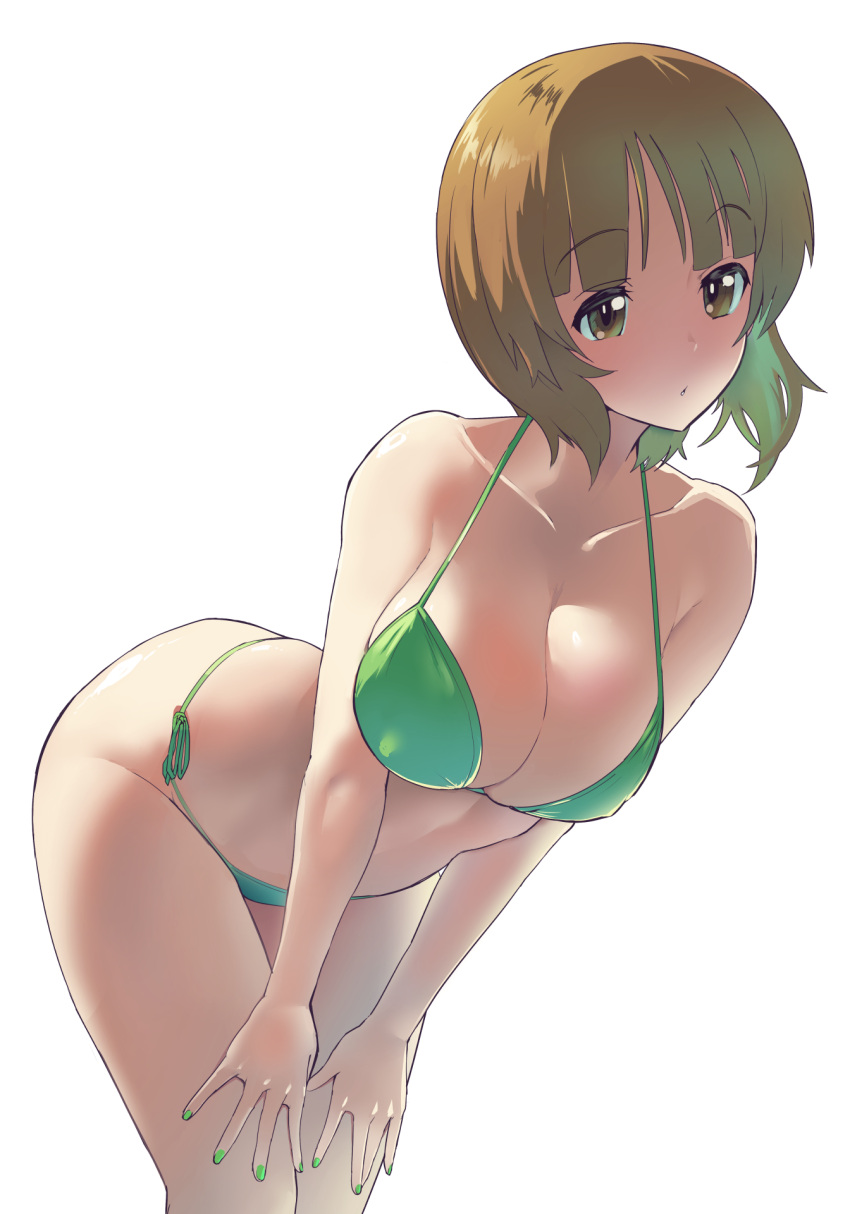 1girl bangs bare_arms bare_shoulders bent_over bikini breasts brown_eyes brown_hair cleavage commentary_request cowboy_shot fingernails girls_und_panzer green_bikini green_nails halter_top halterneck hands_on_own_thighs highres large_breasts looking_at_viewer nail_polish nishizumi_miho parted_lips sasaki_tatsuya shade short_hair side-tie_bikini simple_background solo standing string_bikini swimsuit white_background