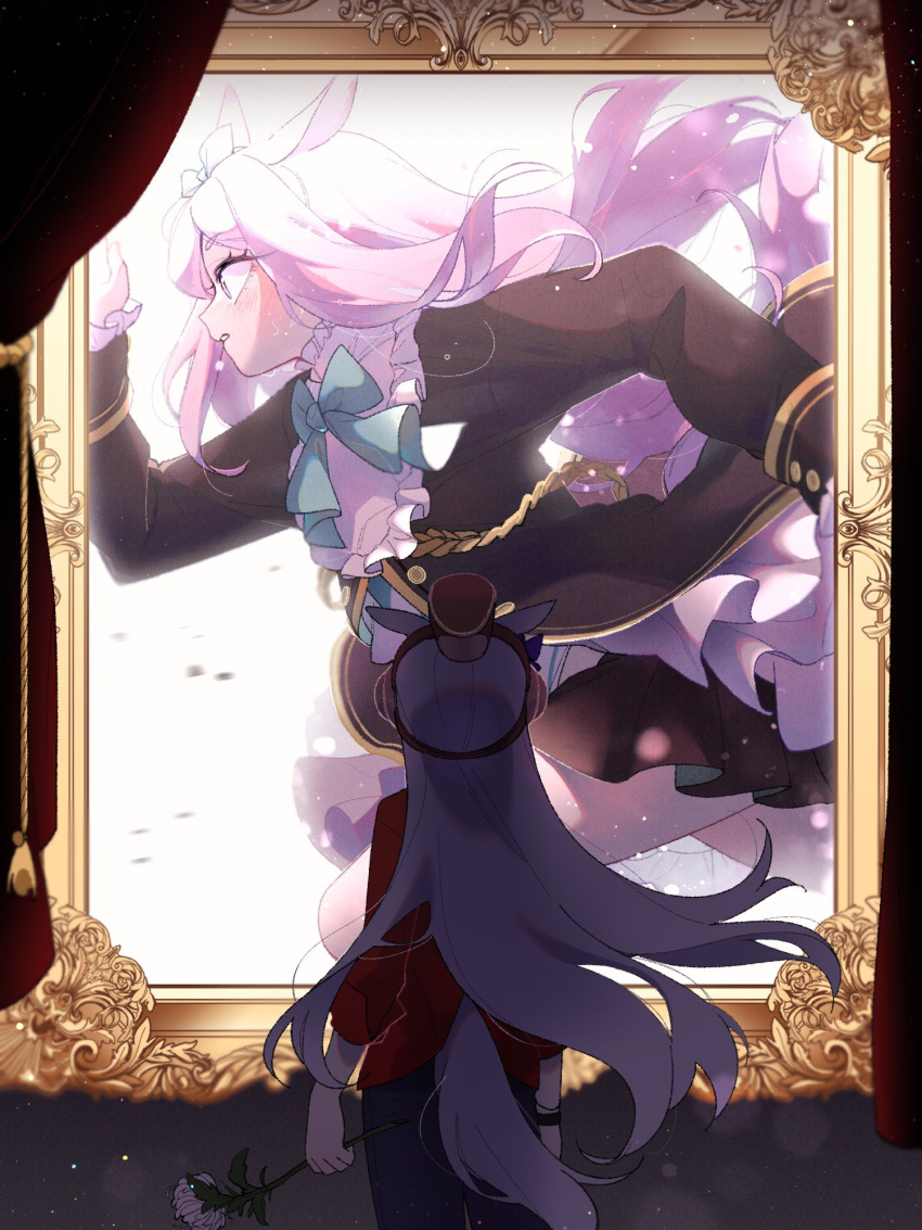 1girl animal_ears aqua_bow aqua_bowtie black_coat bow bowtie casual coat commentary curtains ear_bow flower frilled_coat frilled_sleeves frills from_behind from_side ggubii0225 gold_ship_(umamusume) gold_trim headgear highres holding holding_flower horse_ears horse_girl horse_tail korean_commentary light_particles long_hair long_sleeves looking_up mejiro_mcqueen_(umamusume) official_alternate_costume pillbox_hat portrait_(object) purple_bow purple_eyes purple_hair running short_eyebrows solo tail thick_eyebrows umamusume white_flower