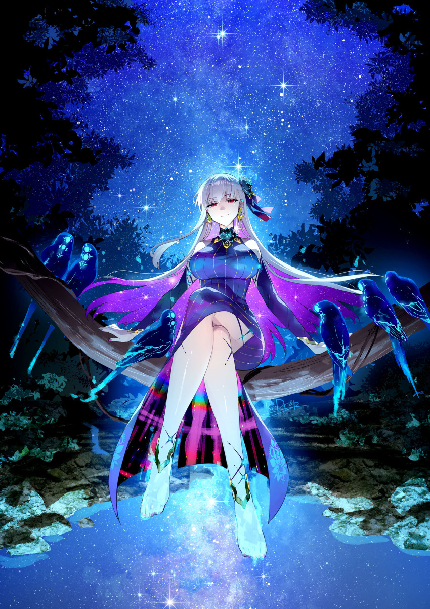1girl absurdres bare_shoulders barefoot bird breasts colored_inner_hair dress earrings fate/grand_order fate_(series) flower galaxy hair_flower hair_ornament hair_ribbon highres jewelry kama_(fate) kama_(swimsuit_avenger)_(fate) large_breasts long_hair looking_at_viewer multicolored_hair night night_sky purple_dress red_eyes redrop ribbon sitting sky smile solo white_hair