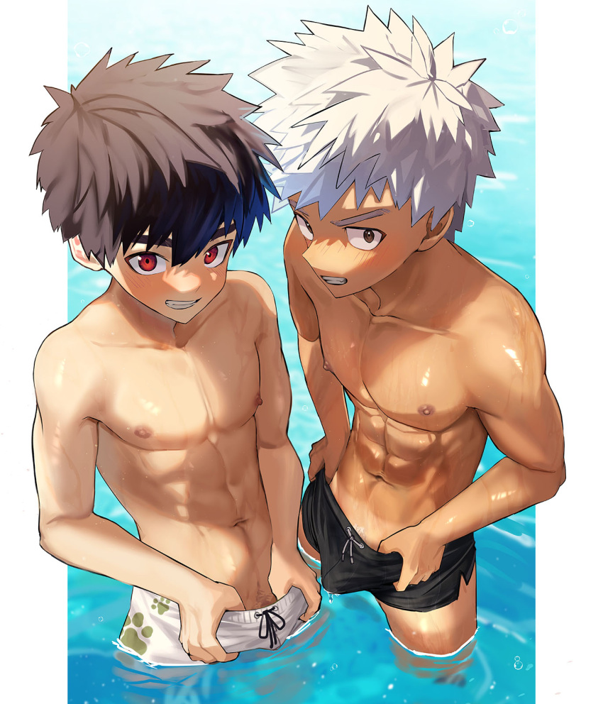2boys abs bangs batsusuke black_hair black_male_swimwear blush brown_eyes bulge collarbone day from_above grin highres looking_at_viewer male_focus male_pubic_hair male_swimwear multiple_boys naughty_face navel nipples original outdoors outside_border pectorals pubic_hair pubic_hair_peek pulled_by_self red_eyes sanpaku shiny shiny_skin short_hair shorts_tan side-by-side smile spiked_hair standing swim_briefs swim_trunks tan tanlines toned toned_male wading water wet white_hair white_male_swimwear