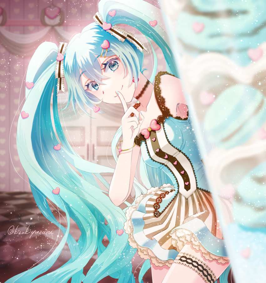 1girl absurdres bangs bare_arms black_choker blue_eyes blue_hair blue_nails blue_shirt blurry blurry_background breasts brown_skirt checkered_floor choker closed_mouth collarbone finger_to_mouth floating_hair hair_between_eyes hair_ornament hatsune_miku heart heart_bracelet heart_hair_ornament highres index_finger_raised kizukiyuzuru layered_skirt leaning_forward long_hair miniskirt nail_polish shirt shushing skirt sleeveless sleeveless_shirt small_breasts smile solo standing striped striped_skirt thigh_strap twintails twitter_username vertical-striped_skirt vertical_stripes very_long_hair vocaloid