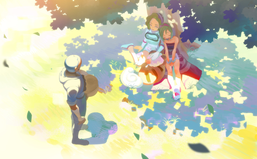 1boy 2girls against_tree blurry closed_eyes commentary_request dark-skinned_male dark_skin day eyelashes falling_leaves from_above grass highres hisuian_growlithe irida_(pokemon) iscan_(pokemon) leaf meipu_hm multiple_girls outdoors palina_(pokemon) pokemon pokemon_(creature) pokemon_(game) pokemon_legends:_arceus red_footwear shirt shoes short_hair shorts sleeping standing strapless strapless_shirt tree white_footwear