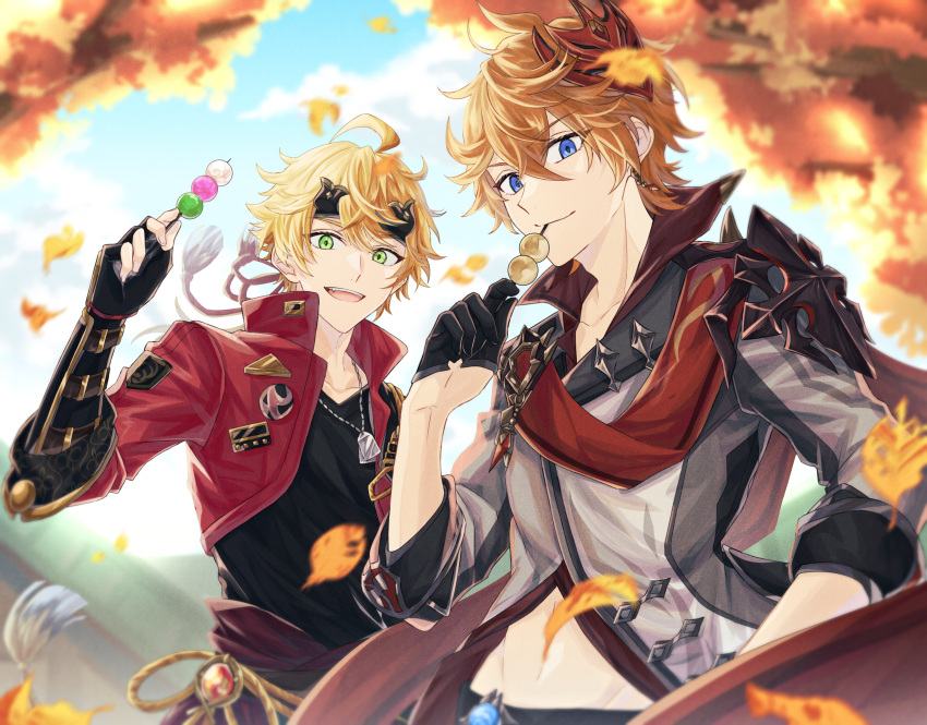 2boys :d ahoge bangs black_gloves black_shirt blonde_hair blue_eyes blue_sky blurry blurry_background cape closed_mouth cloud collarbone collared_jacket collared_shirt commentary_request cropped_jacket crossed_bangs dango day dog_tags earrings eyelashes fake_horns falling_leaves fingerless_gloves floating_hair food genshin_impact glasses gloves green_eyes grey_jacket hair_between_eyes hair_ornament half_gloves hand_up headband high_collar highres holding holding_food horned_headwear horns jacket jewelry leaf long_hair long_sleeves looking_at_viewer low_ponytail male_focus mask mask_on_head mizuamememe multiple_boys open_clothes open_jacket open_mouth orange_hair outdoors ponytail red_cape red_jacket red_mask red_scarf red_shirt rope sanshoku_dango scarf shirt short_hair sidelocks single_earring sky sleeves_rolled_up smile stomach tartaglia_(genshin_impact) teeth thoma_(genshin_impact) tree upper_teeth vambraces vision_(genshin_impact) wagashi