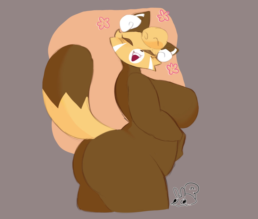 ailurid anthro big_breasts big_butt breasts brown_body butt chikn_nuggit dipstick_tail eyes_closed featureless_breasts female hand_on_stomach hi_res huge_breasts inner_ear_fluff mammal markings nude omegaminti open_mouth red_panda sassparilla_(chikn_nuggit) solo tail_markings thick_thighs tuft