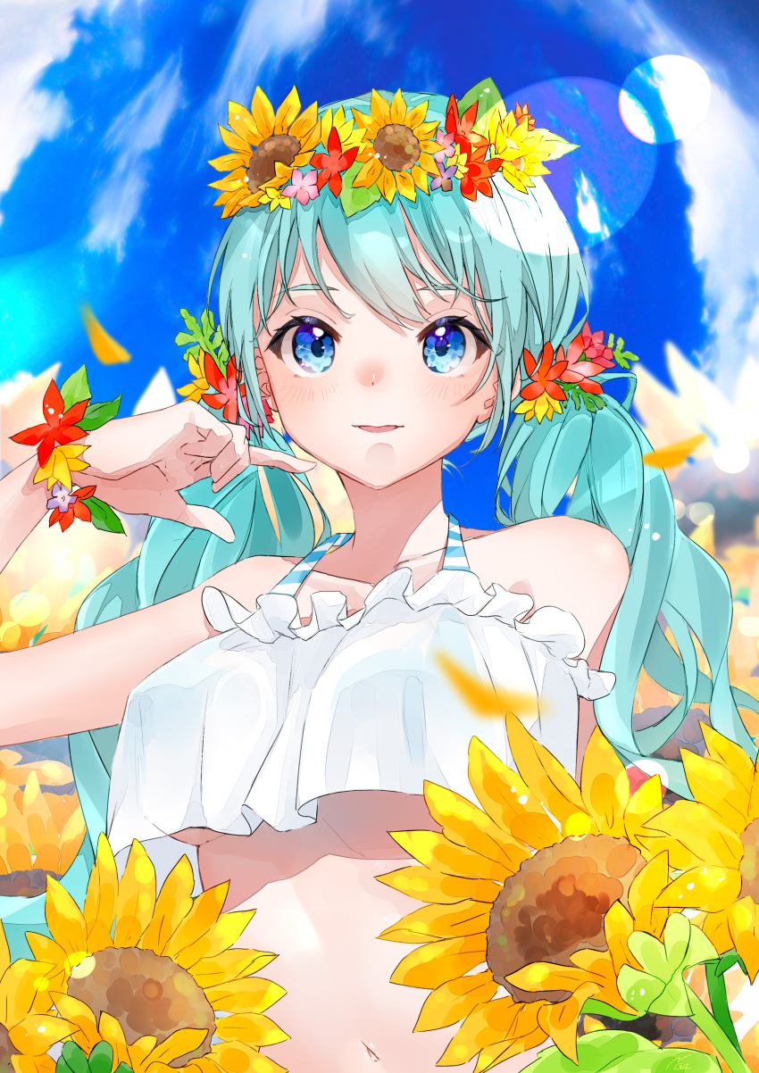1girl absurdres anzu_(x_anzu_ill) bangs bikini blue_eyes blue_hair breasts collarbone flower hair_flower hair_ornament hatsune_miku head_wreath highres long_hair looking_at_viewer navel open_mouth pink_flower red_flower shiny shiny_hair small_breasts solo sunflower swimsuit twintails underboob upper_body vocaloid white_bikini yellow_flower