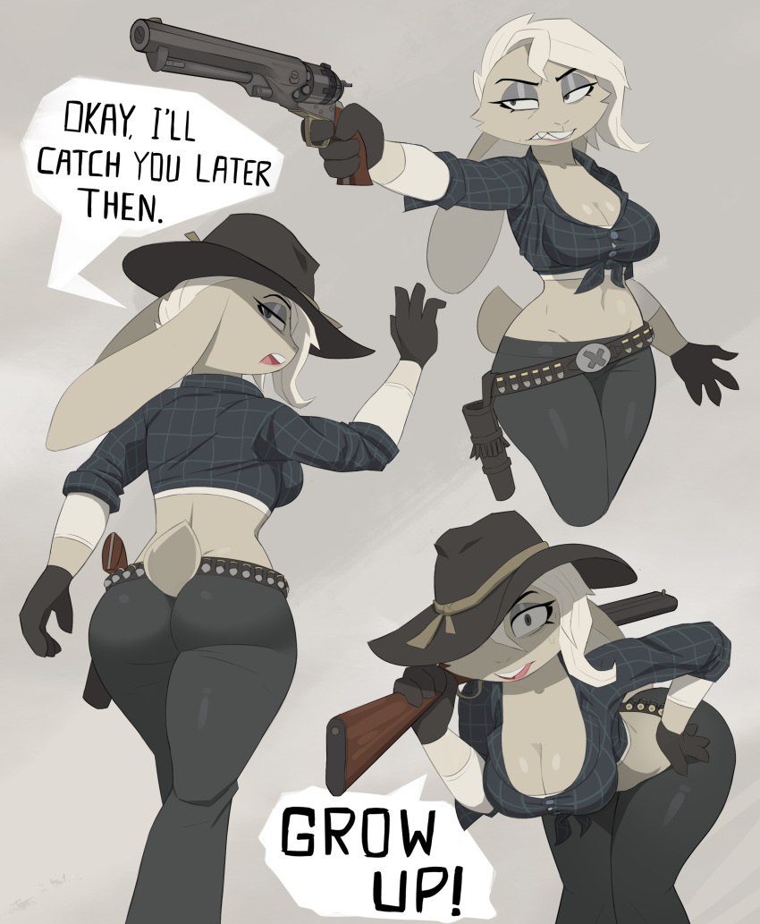 2022 absurd_res anthro belt biped bottomwear breasts buckteeth butt cheek_tuft cleavage clothed clothing dialogue english_text facial_tuft female fur gloves grey_background gun half-closed_eyes handgun handwear hat headgear headwear hi_res holding_gun holding_handgun holding_object holding_revolver holding_shotgun holding_weapon holster lagomorph landylyn_(yitexity) leporid mammal midriff narrowed_eyes navel pants rabbit ranged_weapon revolver scut_tail shirt short_tail shotgun simple_background solo speech_bubble teeth text tied_shirt topwear tuft weapon white_body white_fur yitexity