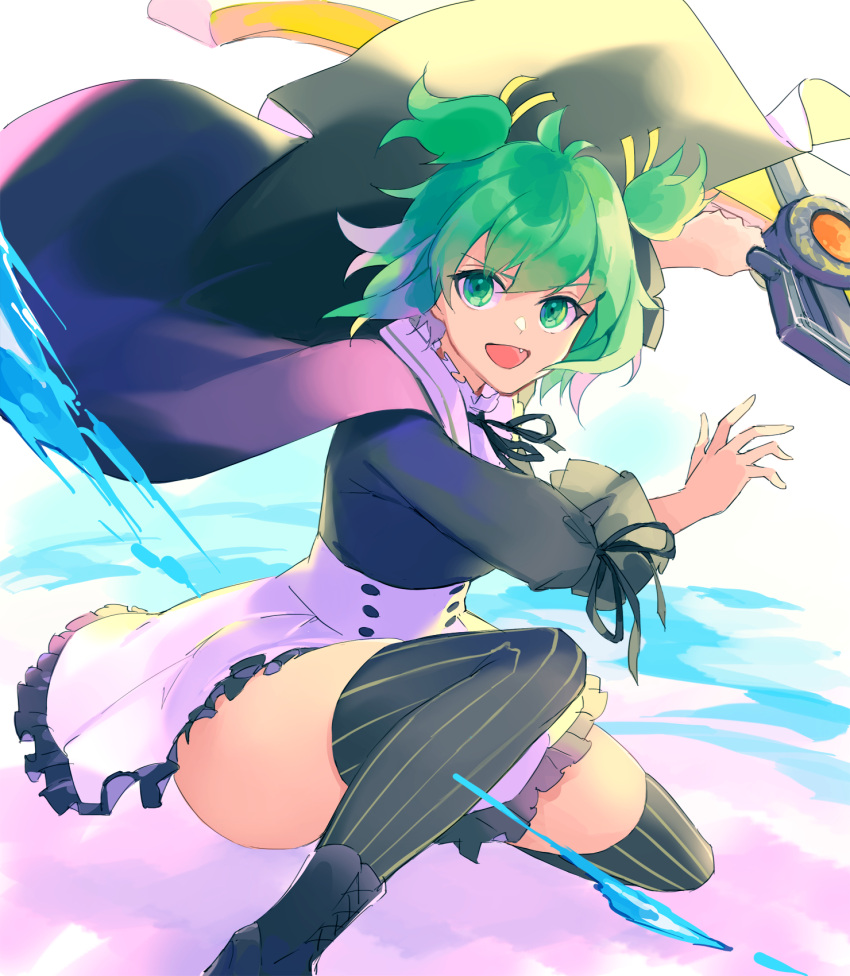 1girl :d arm_up assault_lily bangs black_cape black_footwear black_ribbon black_shirt black_thighhighs blue_background boots breasts buttons cape cross-laced_footwear energy fang fighting_stance floating_cape foot_out_of_frame frilled_shirt_collar frilled_skirt frilled_sleeves frills green_eyes green_hair hair_between_eyes hair_ribbon hand_up high-waist_skirt highres holding holding_weapon lace-up_boots looking_at_viewer medium_breasts mila_(yuta27315) miniskirt multicolored_background neck_ribbon official_alternate_costume one_knee open_mouth pink_background ribbon shirt short_hair skirt sleeve_ribbon sleeves_past_elbows smile solo striped striped_thighhighs thighhighs thighs two_side_up v-shaped_eyebrows weapon white_background white_skirt yellow_ribbon yoshimura_thi_mai